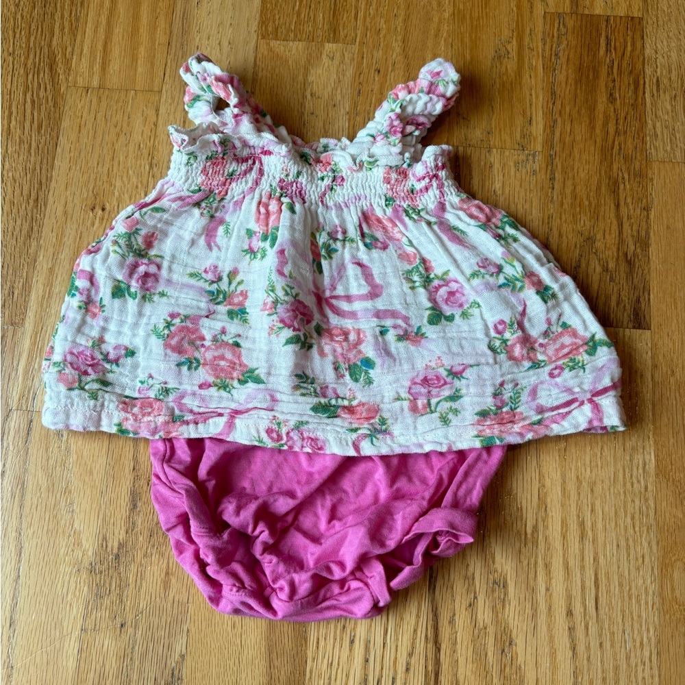 Angel Dear White Floral Dress with Pink Bloomer